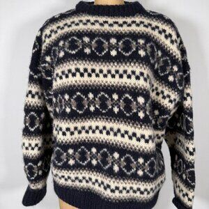 Vintage Chunky Knitted Navy Cream Wool Sweater